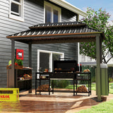 Domi 6x10FT Hardtop Grill Gazebo, Outdoor BBQ Gazebo with Double Galvanized Steel Roof, Patio Grill Canopy with 2 Cabinets and Ceiling Hooks for Backyard, Lawn, Garden, Brown domi outdoor living