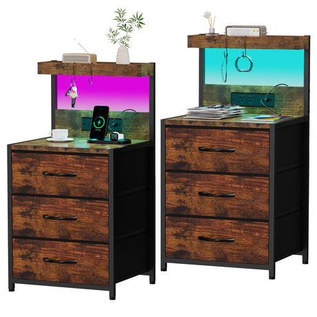 SZLHANJZ Nightstands Set of 2, End Table with LED Light and Charging Station Type C, 3 Drawers Storage Dresser Night Stand with Hooks, Tall Bed Side Table for Bedroom Dorm, Rustic Brown SZLHANJZ