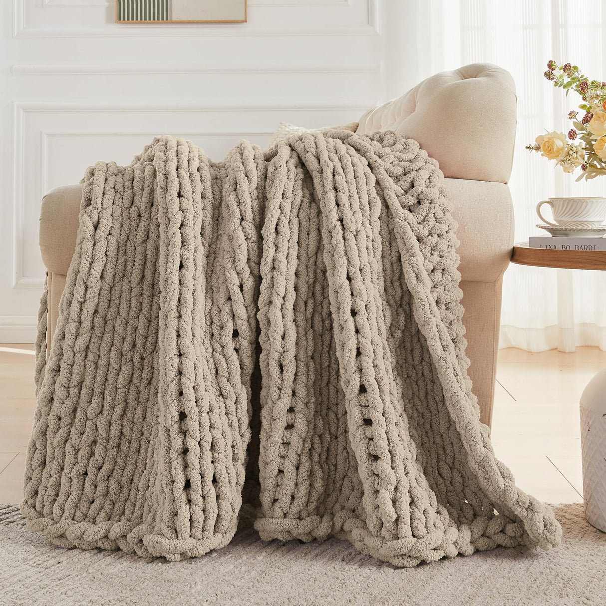 Carriediosa Chunky Knit Throw Blanket 50" X 60", 100% Hand Made Large Chenille Loop Yarn Soft Fluffy Throws for Couch Sofa Bed, Big Crochet Cozy Heavy Thick Cable Woven Blankets, Taupe Carriediosa