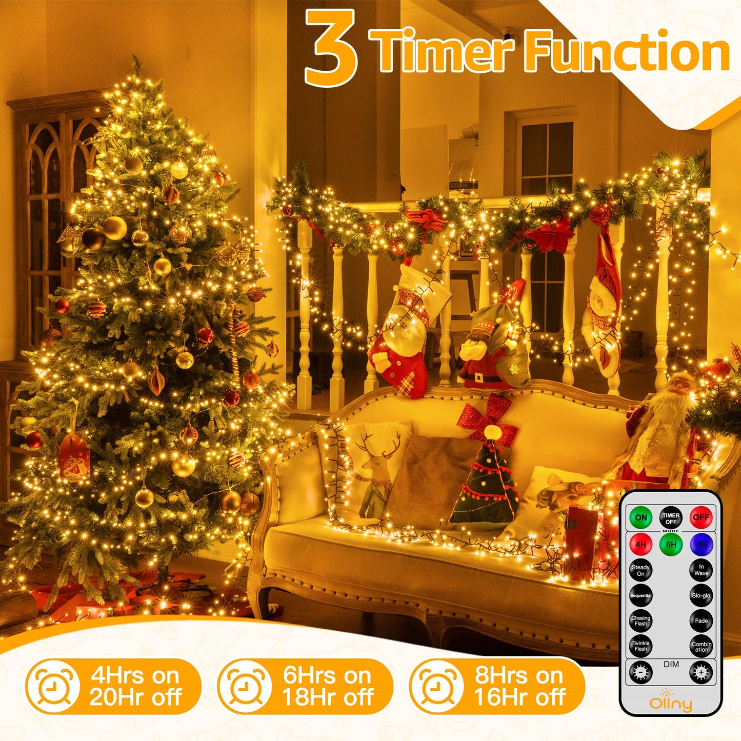 Ollny Cluster Lights Christmas 400LED 20FT, Warm White Christmas Tree Lights 8 Modes Timer Remote, Waterproof Connectable String Lights for Outdoor Indoor Outside Garland Xmas Decorations