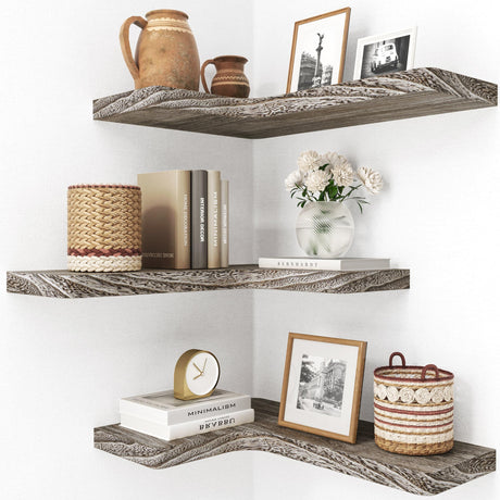 fuqing Floating Corner Shelves, Wall Shelf Set of 3, Shelves for Wall Storage, Solid Wood Shelves for Storage, Wall Mount Wooden Display Shelf for Bathroom Bedroom Kitchen Garage, Weathered fuqing