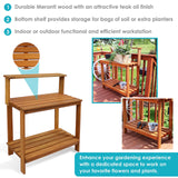 Sunnydaze 42-Inch Meranti Wood Outdoor Potting Bench with Storage Shelf - Teak Oil Finish Sunnydaze