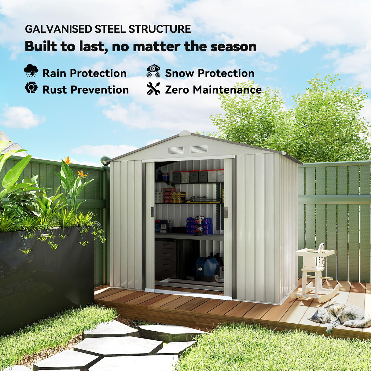 Outsunny 7' x 4' Outdoor Storage Shed, Garden Tool Metal Shed with Foundation Kit, Double Lockable Door, Air Vents and Sloping Roof, for Backyard, Patio, Lawn, White Outsunny