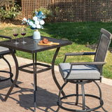 MFSTUDIO 3-Piece Outdoor Bar Set with 2 Swivel Wicker Rattan Cushion Chairs and 1 Metal Table, Perfect Patio Counter Height Table and Chairs MFSTUDIO