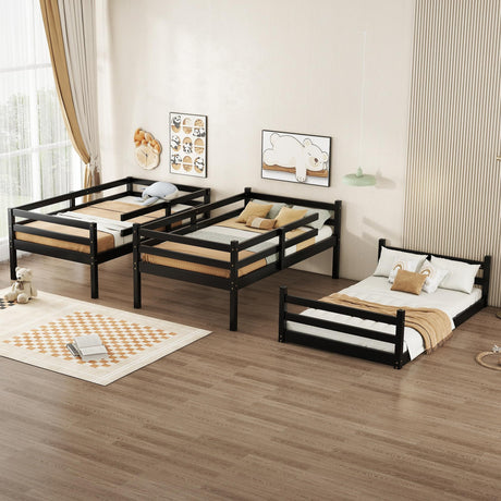 Hommoo Triple Bunk Bed Twin Over Twin Over Twin Wood Bed Frame Convertible Loft Bed for 3 Teens Adults with Ladder and Guardrail for Small Space Bedroom Dorm Black Hommoo