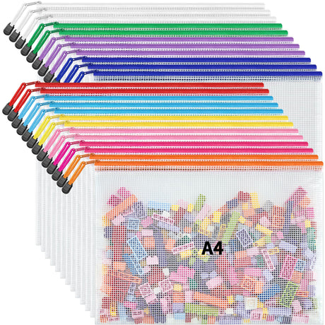 JARLINK A4 Letter Size 24 Pack 10 Colors Zipper Mesh Document Pouch, Mesh Bags for Board Games & Puzzles, Waterproof Document Zipper Pouches for Office School Supplies, Toys, Cosmetics Travel Storage JARLINK