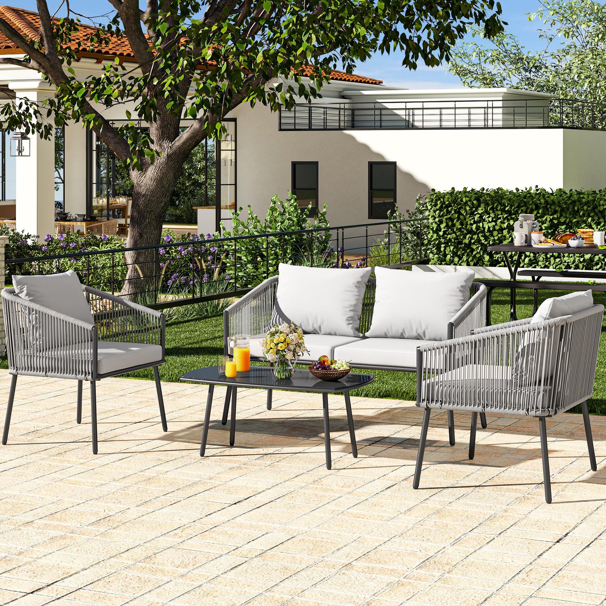 YITAHOME 4-Piece Patio Furniture Outdoor Bistro Set, All Weather Double Gray Rope Conversation Loveseat for Backyard, Balcony, Deck with Soft Cushions and Metal Table (Gray) - WoodArtSupply