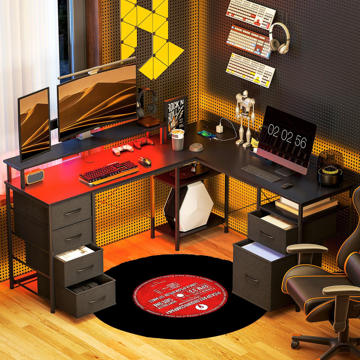 HOMCOM 66" L Shaped Gaming Desk, Reversible, 105" 2 Person Computer Desk with File Cabinet and Fabric Drawers, Power Outlets and LED Lights, Monitor Stand, Distressed Black HOMCOM