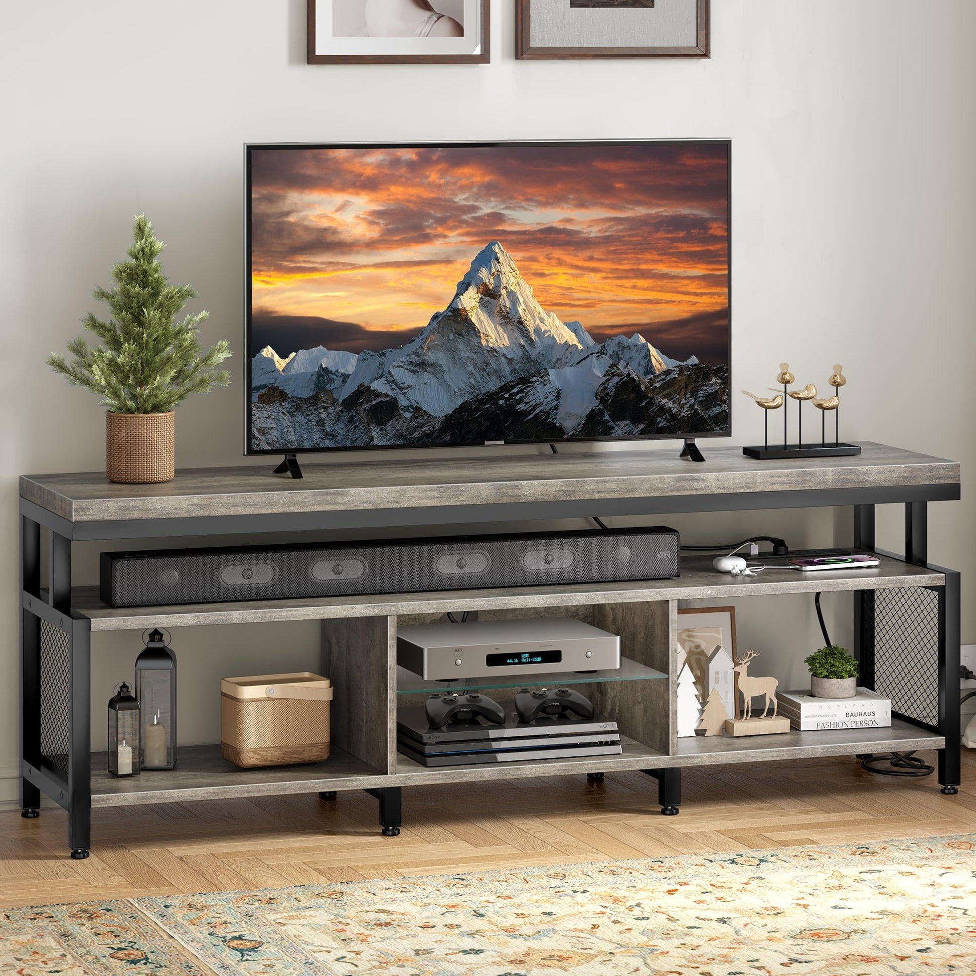 YITAHOME LED Television Stands w/Power Outlets for 70/65 inch, Modern Industrial TV Stand, Entertainment Center w/Open Storage TV Table, Entertainment Center for 360lbs for Living Room, Gray - WoodArtSupply