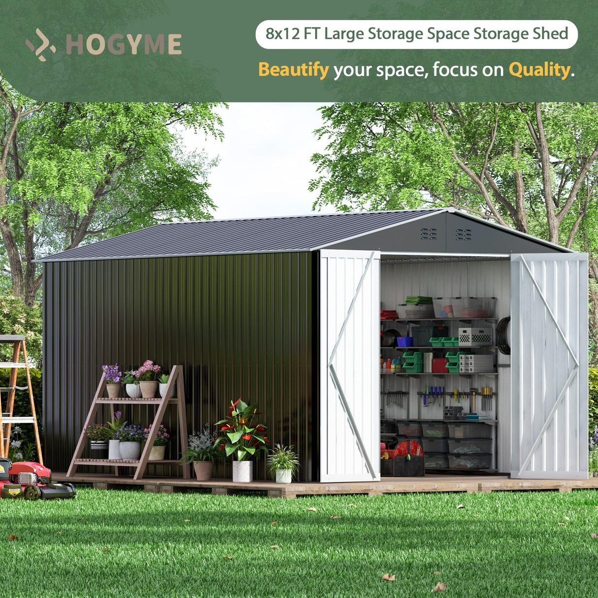 HOGYME 8 x 12 FT Outdoor Storage Shed, Large Metal Tool Sheds with Updated Frame Structure and Lockable Doors, Garden Shed for Backyard Garden Patio Lawn, Grey HOGYME