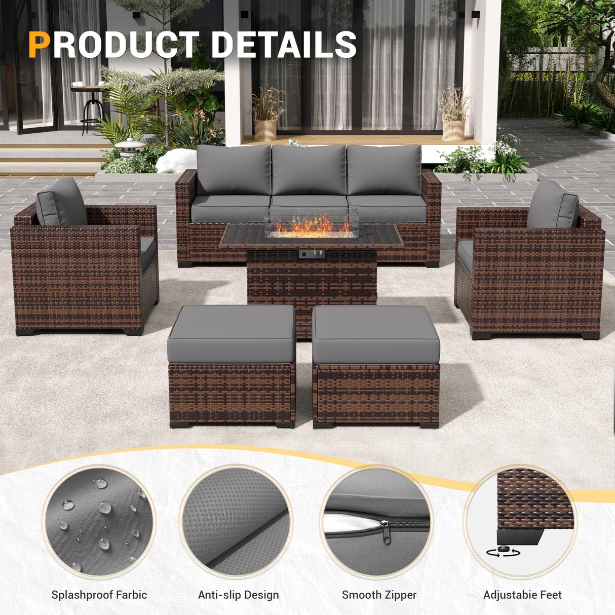 Amopatio 8-Piece Wicker Outdoor Patio Furniture Set with Ottoman, Sectional Couch, 44” Metal Fire Pit Table for Patio, Porch, Backyard - Weather Resistant, Comfortable Cushions, Grey Amopatio