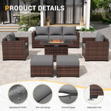 Amopatio 8-Piece Wicker Outdoor Patio Furniture Set with Ottoman, Sectional Couch, 44” Metal Fire Pit Table for Patio, Porch, Backyard - Weather Resistant, Comfortable Cushions, Grey Amopatio