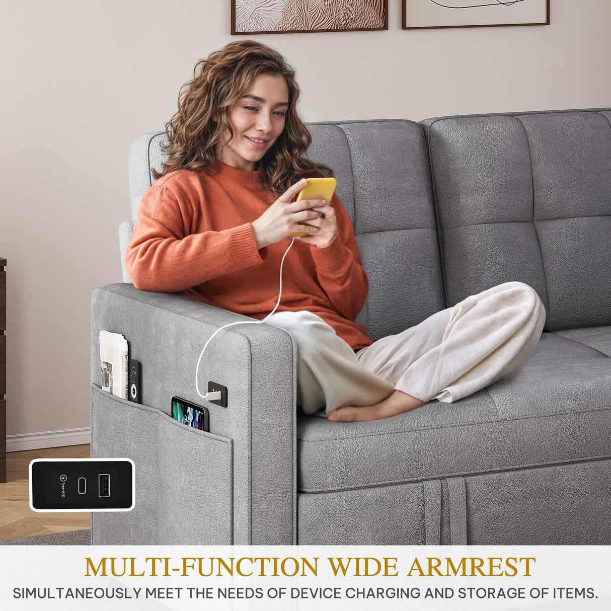 YITAHOME 55" Convertible Sofa Bed, 3-in-1 Sleeper Sofa with Pull-Out Bed, Cat-Scratch-Proof Futon Couch with 5-Levels Reclining Backrest, USB and Side Pocket, Modern Loveseat for Living Room, Grey YITAHOME