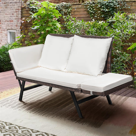 Greesum Outdoor Sofa, Woven Rattan Patio Furniture, Convertible Daybed or Double Chair with Adjustable Armrests, Cushions and Pillows for Yard, Porch, Pool, Brown Lounger & Beige Pillowcase Greesum