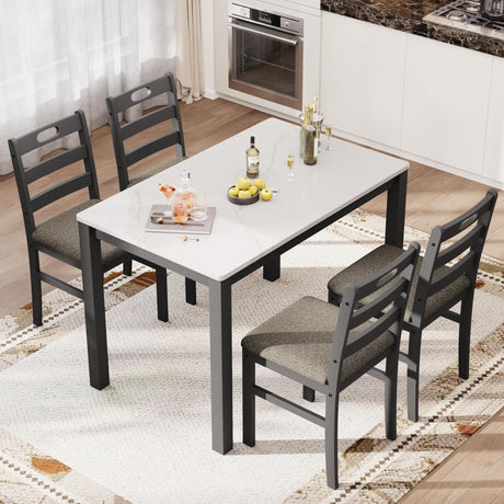 PHI VILLA Dining Table Set for 4, Modern Farmhouse Kitchen Table Set, Faux Marble Dining Table and 4 Cushioned Chairs, Solid Rubber Wood Dining Room Table Set, Venatino White Marble& Black PHI VILLA