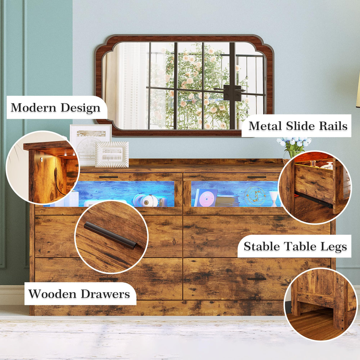 LIKIMIO 6 Drawer 59" Dresser with LED and Power Strip, Wood Dressers & Chests of Drawers for Bedroom Living Room, Rustic Brown LIKIMIO