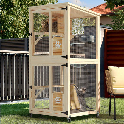 YITAHOME Cat House 70.9" Catio Outdoor Cat Enclosure on Wheels Wooden Cat Cage with Cat Space Capsule Bed and Cat Scratcher Ramp, Cat Patio Waterproof Roof(Natural)