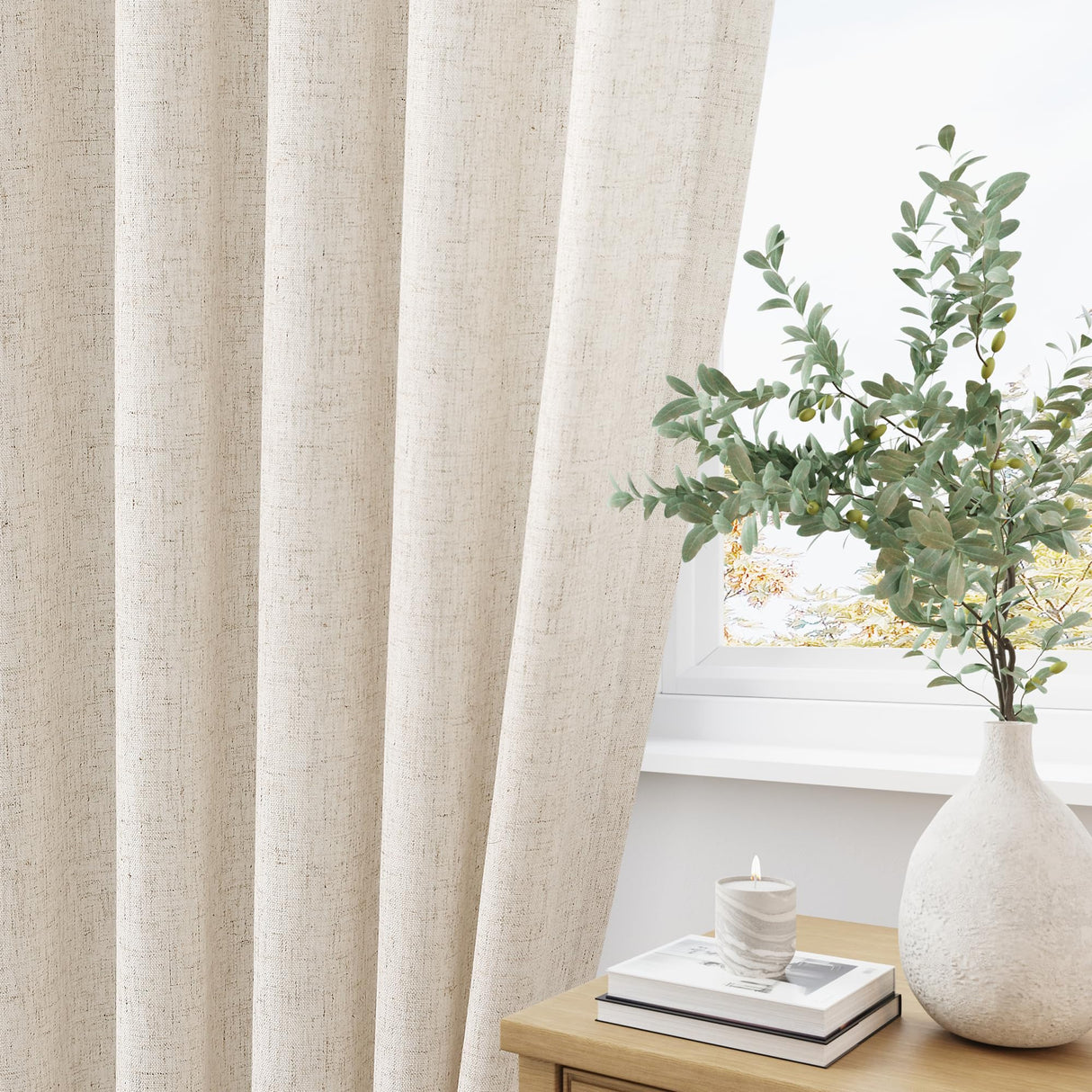 Pinch Pleated Linen Curtains 108 Inches long for Living Room 2 Panels Set Cream Beige Flax Pleat Drapes Back Tab Semi Sheer Neutral Boho Ceiling to Floor 108 Inch Curtains for Bedroom Window 9 FT Aersas