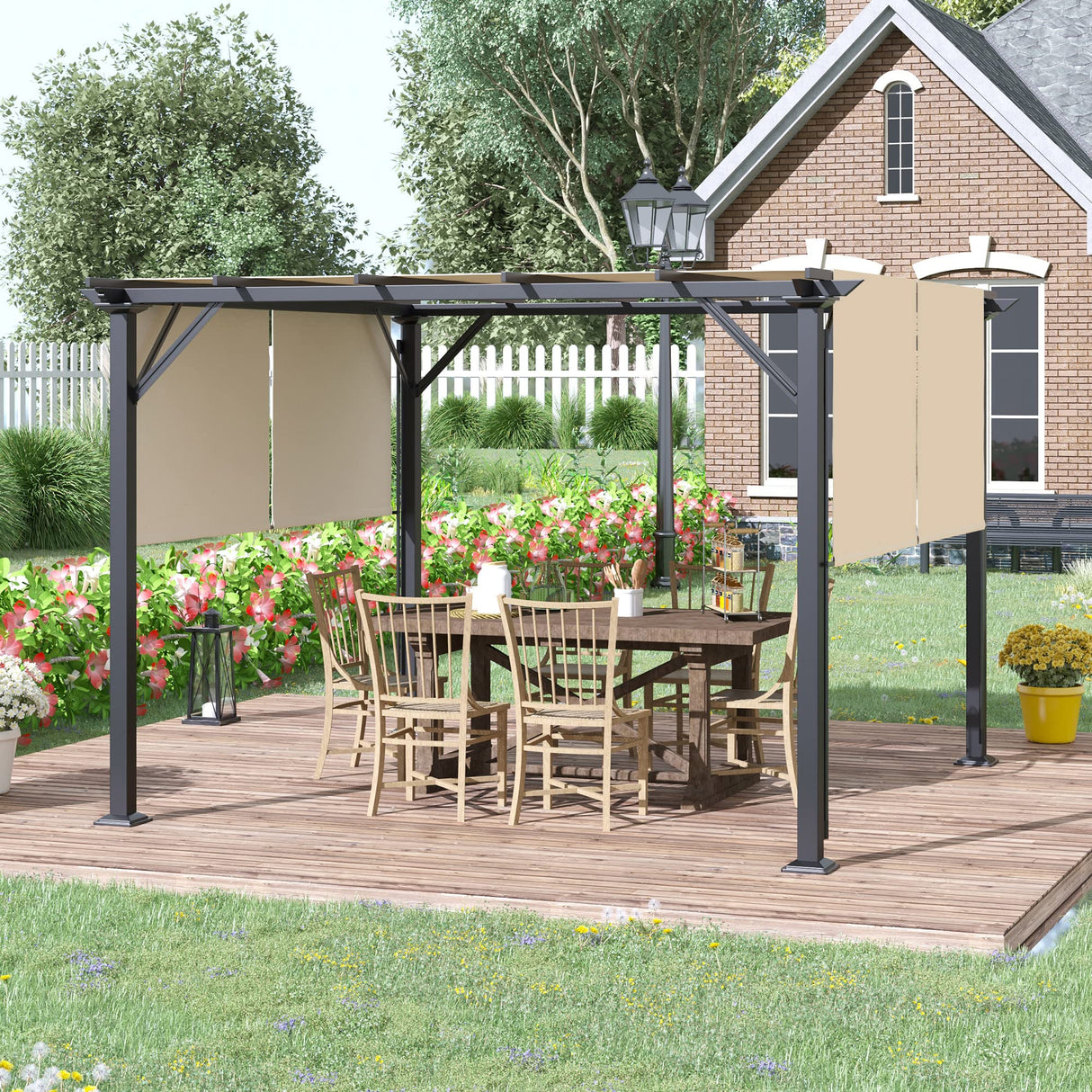 Outsunny 12' x 10' Outdoor Retractable Pergola Canopy with Sun Shade Unique Design Canopy Patio Metal Shelter for Garden Porch Beach, Beige Outsunny