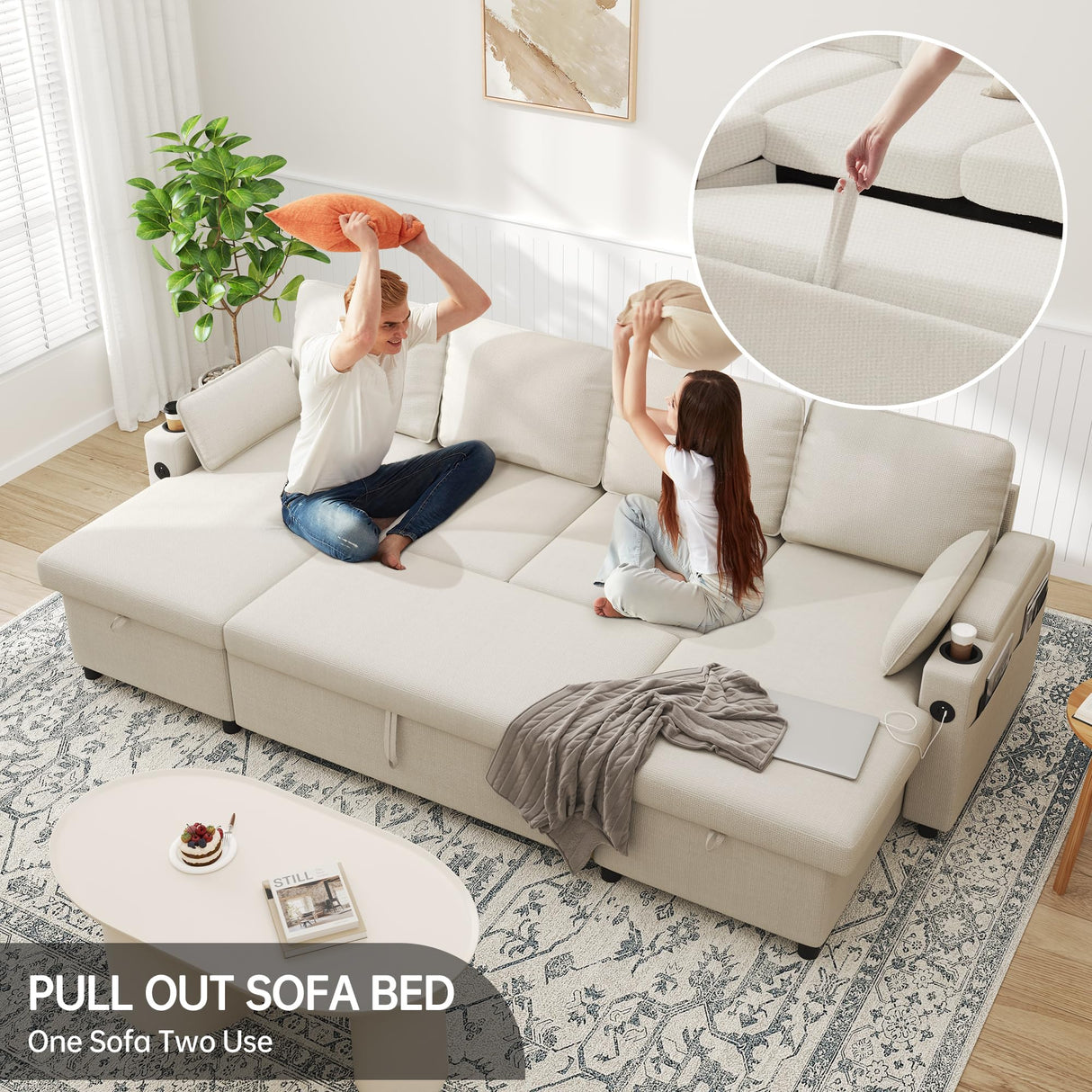 DURASPACE Sofa Bed Pull Out Couch Sleeper with Double Storage Chaise, U Shaped Convertible Sectional Sleeper Sofa for Living Room with USB Charging Ports, Cup Holder (Beige) DURASPACE