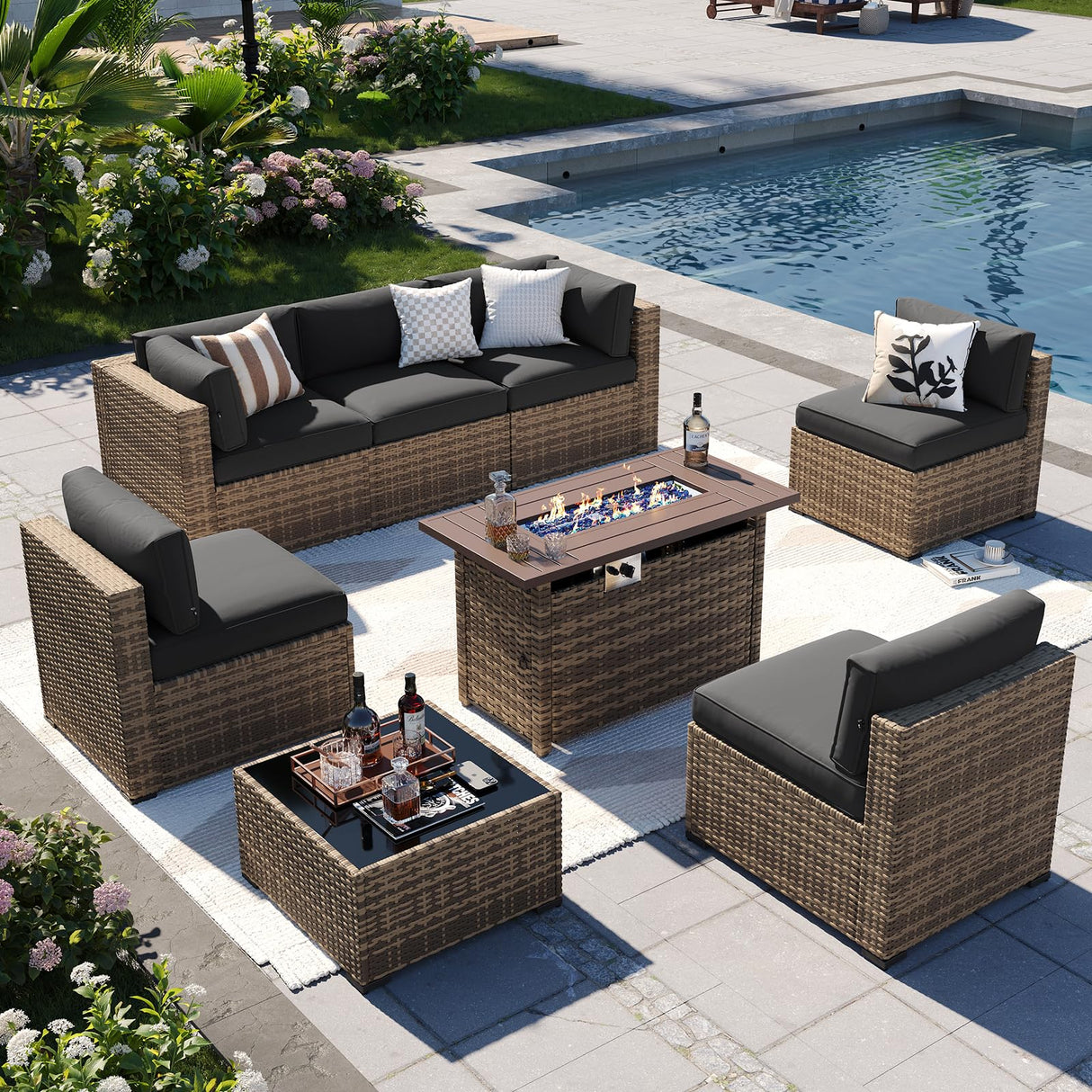 Aoxun Patio Furniture Sets, 8-Piece Outdoor Patio Furniture with 44'' Propane Gas Firepit Table, Wicker Outdoor Conversation Set Sectional Sofa for Backyard, Poolside, Garden (Black Cushion) Aoxun