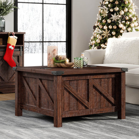 WAMPAT Square Farmhouse Coffee Table with Storage for Living Room, 30x30 inch Wooden Dining Center Table with Gas Spring Flip-Top for Large Hidden Storage, Metal Wrapped Table Corners,Rustic Brown WAMPAT