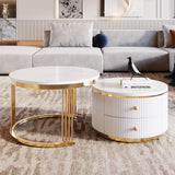 27.6'' Modern 2 Pieces Round Nesting Coffee Table with Drawers, Gold+White Merax