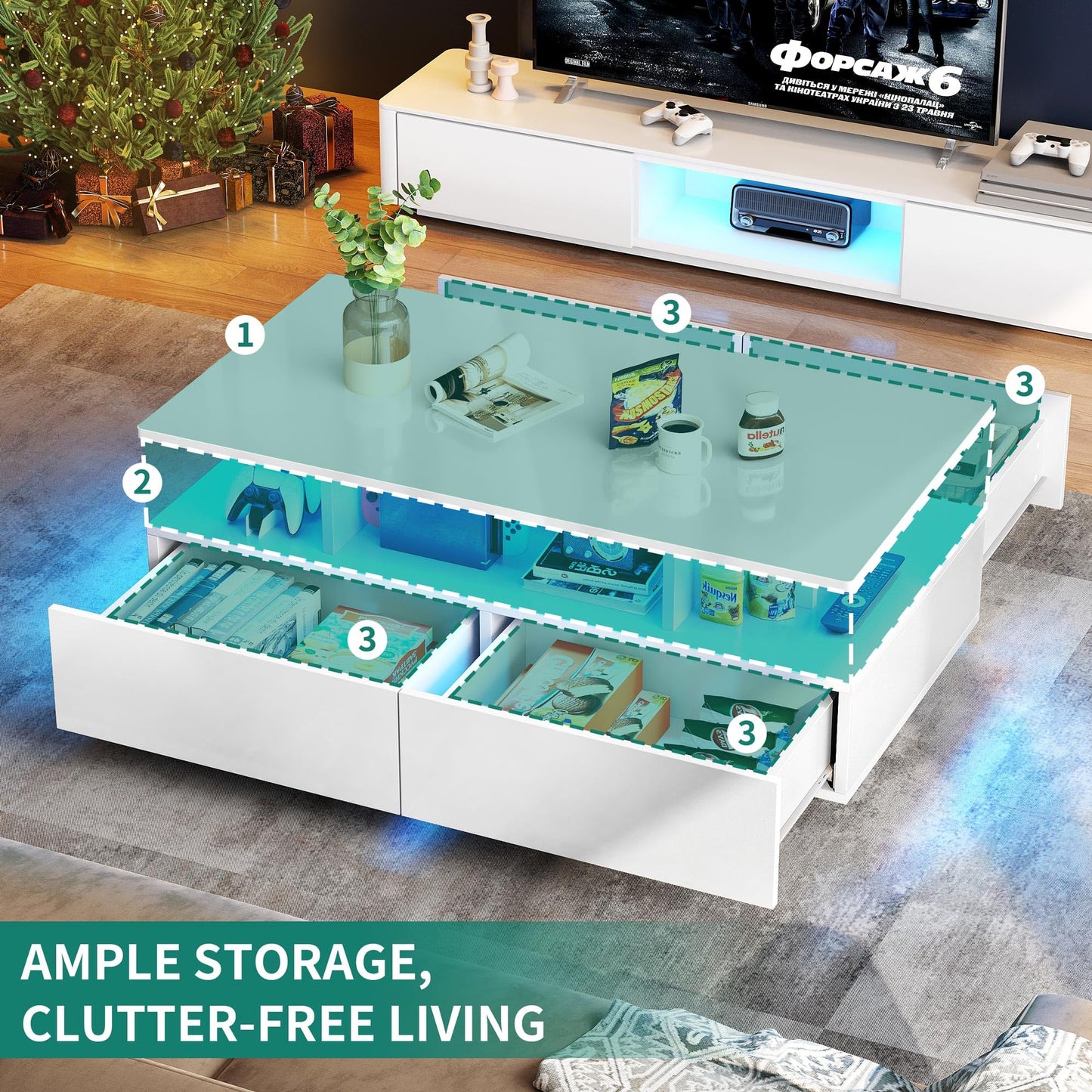 YITAHOME LED Coffee Table with Storage, High Glossy LED Coffee Tables for Living Room, Small Center Table with Open Display Shelf & Sliding Drawers, Rectangular Coffee Table, White