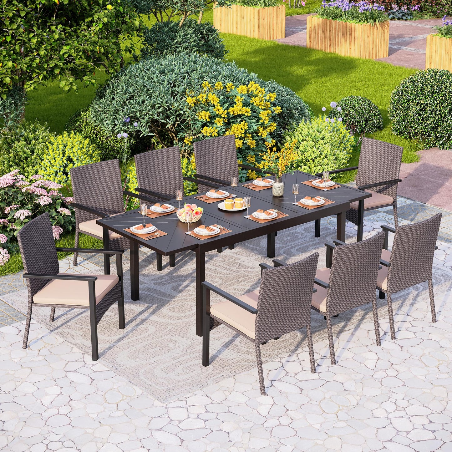 PHI VILLA 9 Piece Outdoor Dining Table Set for 8, Expandable Rectangular Iron Dining Table & Rattan Wicker Chairs with Cushions, Large Dining Furniture Set for Patio, Deck, Yard - WoodArtSupply