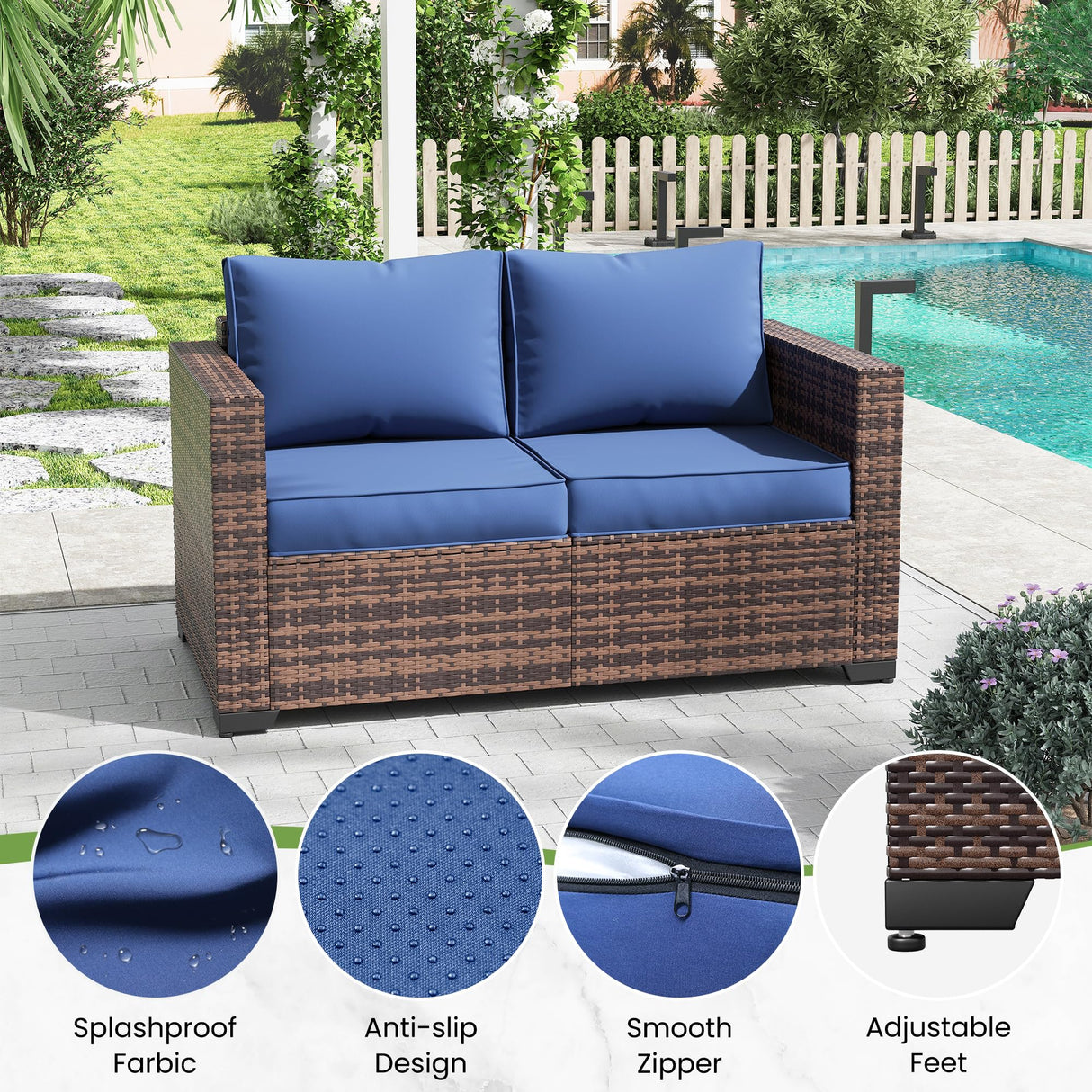 Amopatio Outdoor loveseat Furniture 2-Seat Wicker Patio Love seat, Small Patio loveseat with Water-Resistant Cover & Non-Slip Cushions, Premium Patio Set, Blue Amopatio