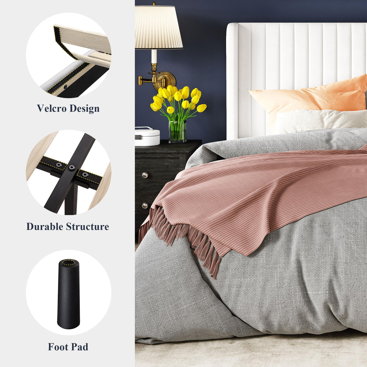 Allewie Queen Size Velvet Bed Frame/Vertical Channel Tufted Wingback Headboard/Upholstered Platform Bed/Strong Wooden Slats/No Box Spring Needed/Easy Assembly/White Allewie