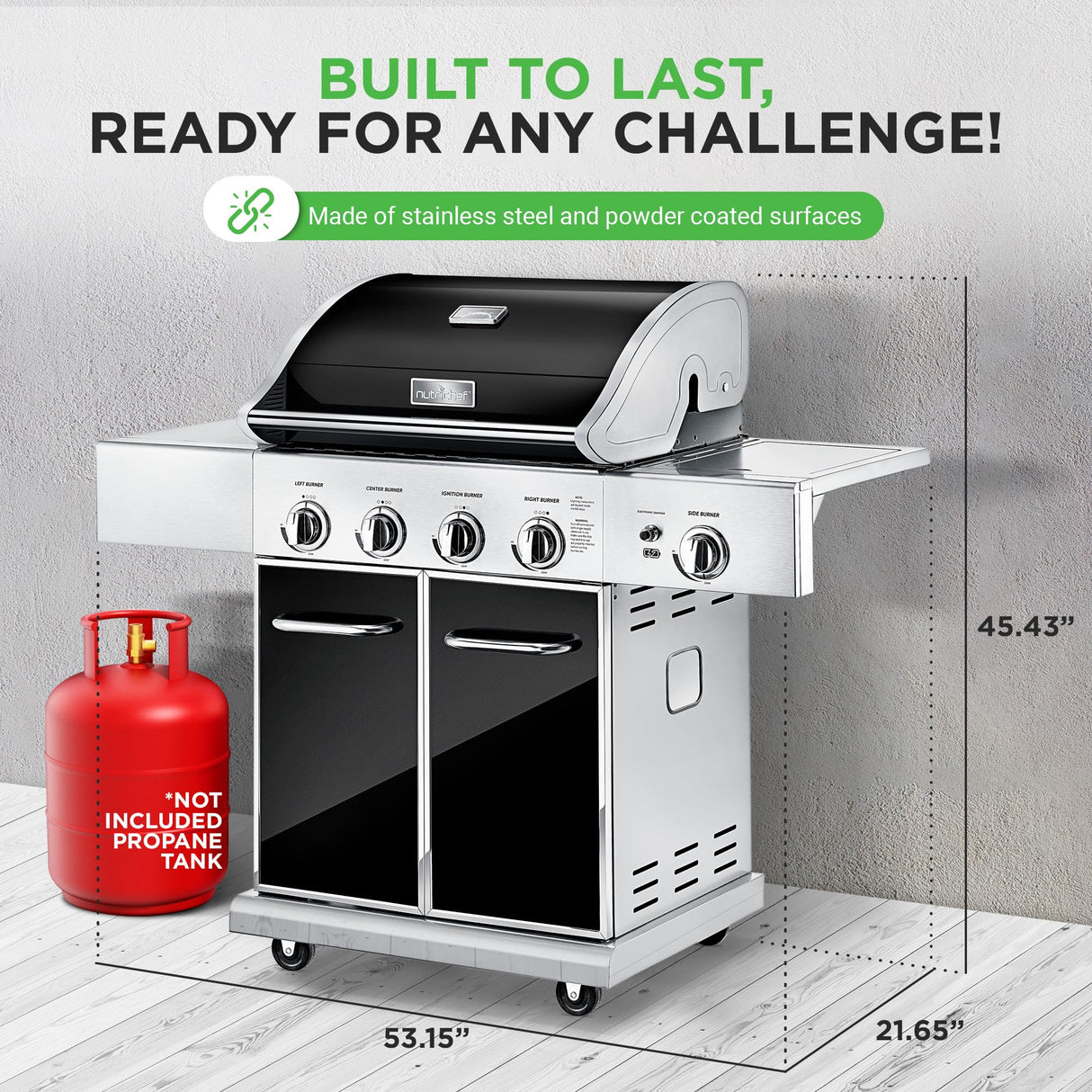 NutriChef Heavy-Duty 5-Burner Propane Gas Grill - Stainless Steel Grill, 4 Main Burner with 1 side burner, 52,000 BTU Grilling Capacity, Electronic Ignition System, Built-in Thermometer - NCGRIL2 NutriChef