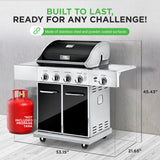 NutriChef Heavy-Duty 5-Burner Propane Gas Grill - Stainless Steel Grill, 4 Main Burner with 1 side burner, 52,000 BTU Grilling Capacity, Electronic Ignition System, Built-in Thermometer - NCGRIL2 NutriChef