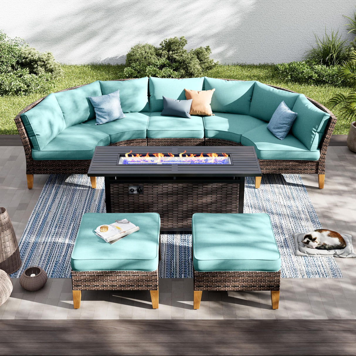 PHI VILLA 6-Piece Wicker Patio Furniture Set with Fire Pit Table, Outdoor Half-Moon Curved Sectional Sofa with Cushions, 56” Gas Fire Pit Table and Ottomans, Aqua Blue PHI VILLA
