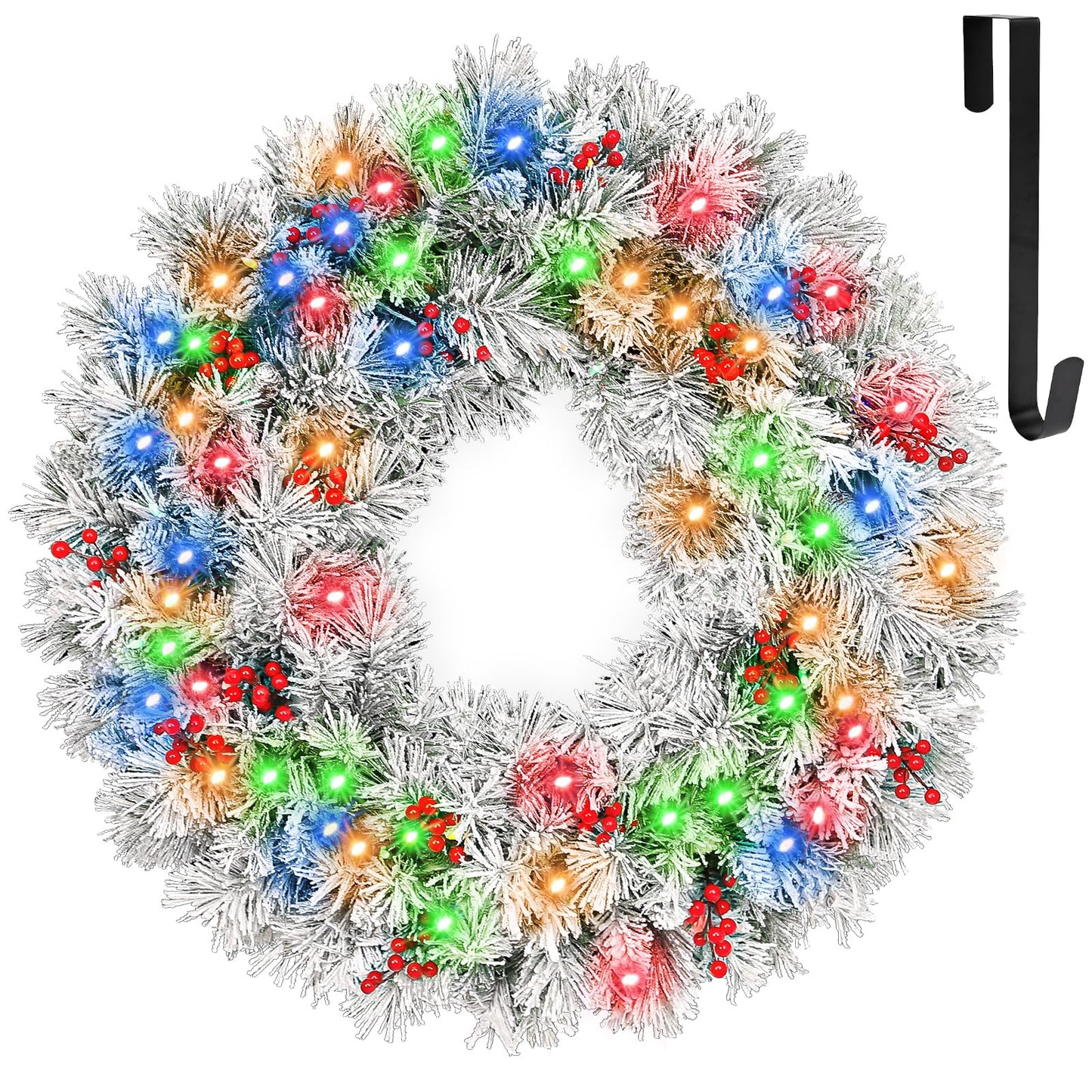 Hykolity 36 in. Lighted Snow Flocked Artificial Christmas Wreath with 150 Multicolor LED Lights, 262 Tips, Frosted Wintry Pine Wreath with Timer & Hanger, Pine Cones, Berry Clusters, Battery Operated