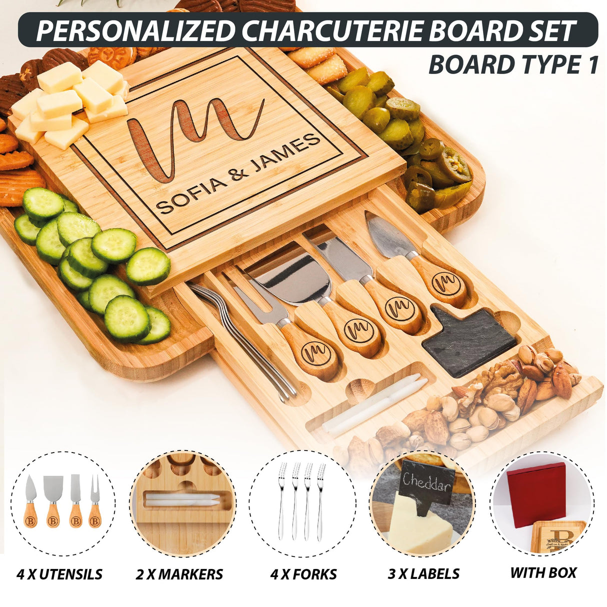 Personalized Charcuterie Board Gifts Set, Custom Large Cheese Board, Charcuterie Board for Wedding, Anniversary, Birthday, Housewarming, Engagement, Party, New Home Gift Couple, Fathers Day, Christmas Generic