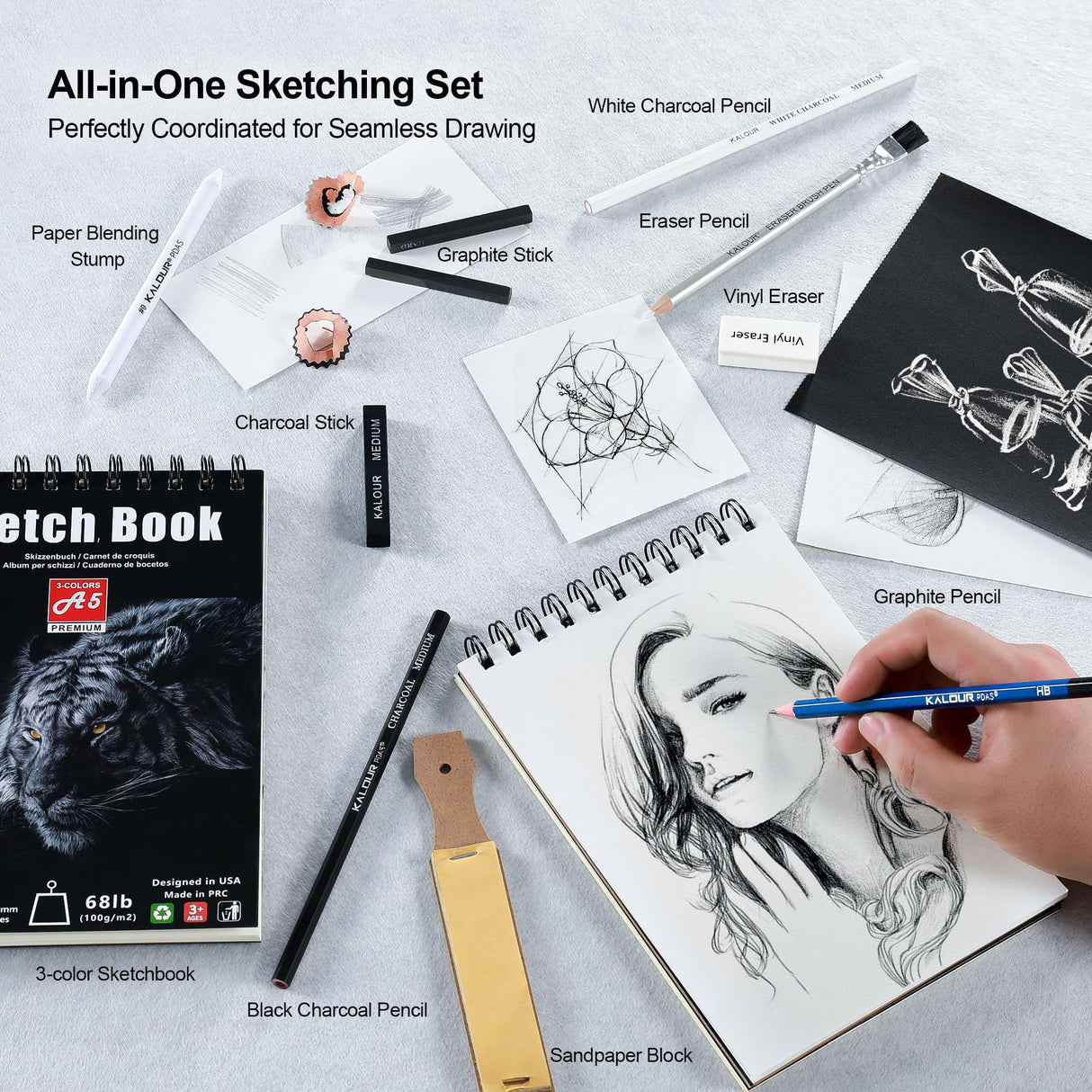 KALOUR 95-Piece Sketching and Drawing Art Set with 3-color Sketch Book and Pastel Paper – Graphite, Charcoal, and Pastel Pencils – Complete Artist Kit for Beginners and Professionals KALOUR