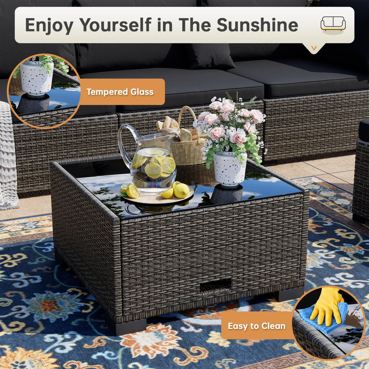 LHBcraft 7 Piece Patio Furniture Set, Outdoor Furniture Patio Sectional Sofa, All Weather PE Rattan Outdoor Sectional with Cushion and Glass Table, Clips LHBcraft