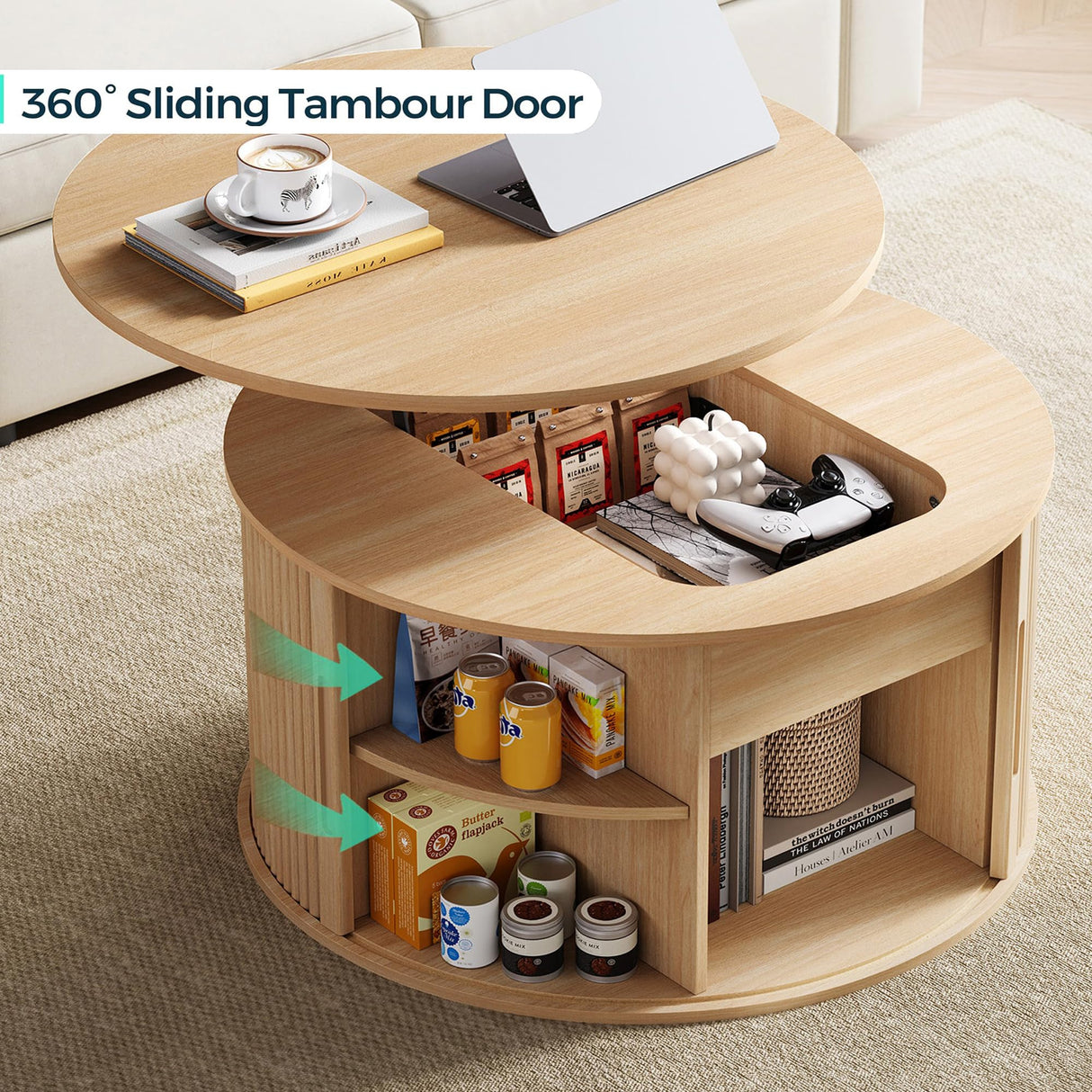 LINSY Lift Top Coffee Table, Round Fluted Coffee Table with Storage, Boho Wooden Coffee Tables with Sliding Tambour Door, 31.5" Center Table for Living Room, Office, Small Space, Natural Oak LINSY