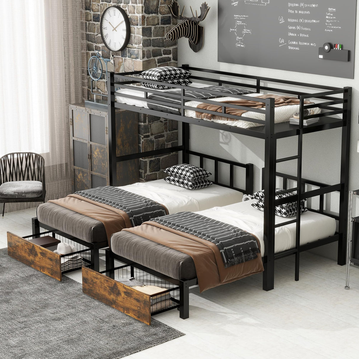 FULLJOJOR Triple Bunk Bed for Kids,Detachable TwinXL Over Twin Over Twin Metal Bunk Bed with Guardrails,Ladder & Storage,Converts to 3 Separate Beds,Easy to Assemble(3 Bunk Beds for Kids) FULLJOJOR