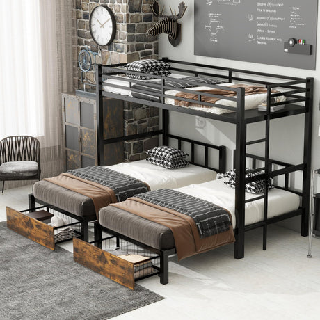 FULLJOJOR Triple Bunk Bed for Kids,Detachable TwinXL Over Twin Over Twin Metal Bunk Bed with Guardrails,Ladder & Storage,Converts to 3 Separate Beds,Easy to Assemble(3 Bunk Beds for Kids) FULLJOJOR