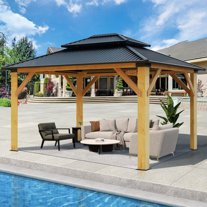 GARTOO 11’x13’ Outdoor Wooden Gazebo - Patio Galvanized Steel Gazebo with Double Vented Roof, Heavy-Duty Cedar Wooden Gazebo for Garden, Lawn, Poolside, Backyard Deck - WoodArtSupply