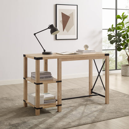 Walker Edison Modern Farmhouse Metal and Wood Kitchen Table Island with Open Storage Shelves, 55 Inch, White Oak