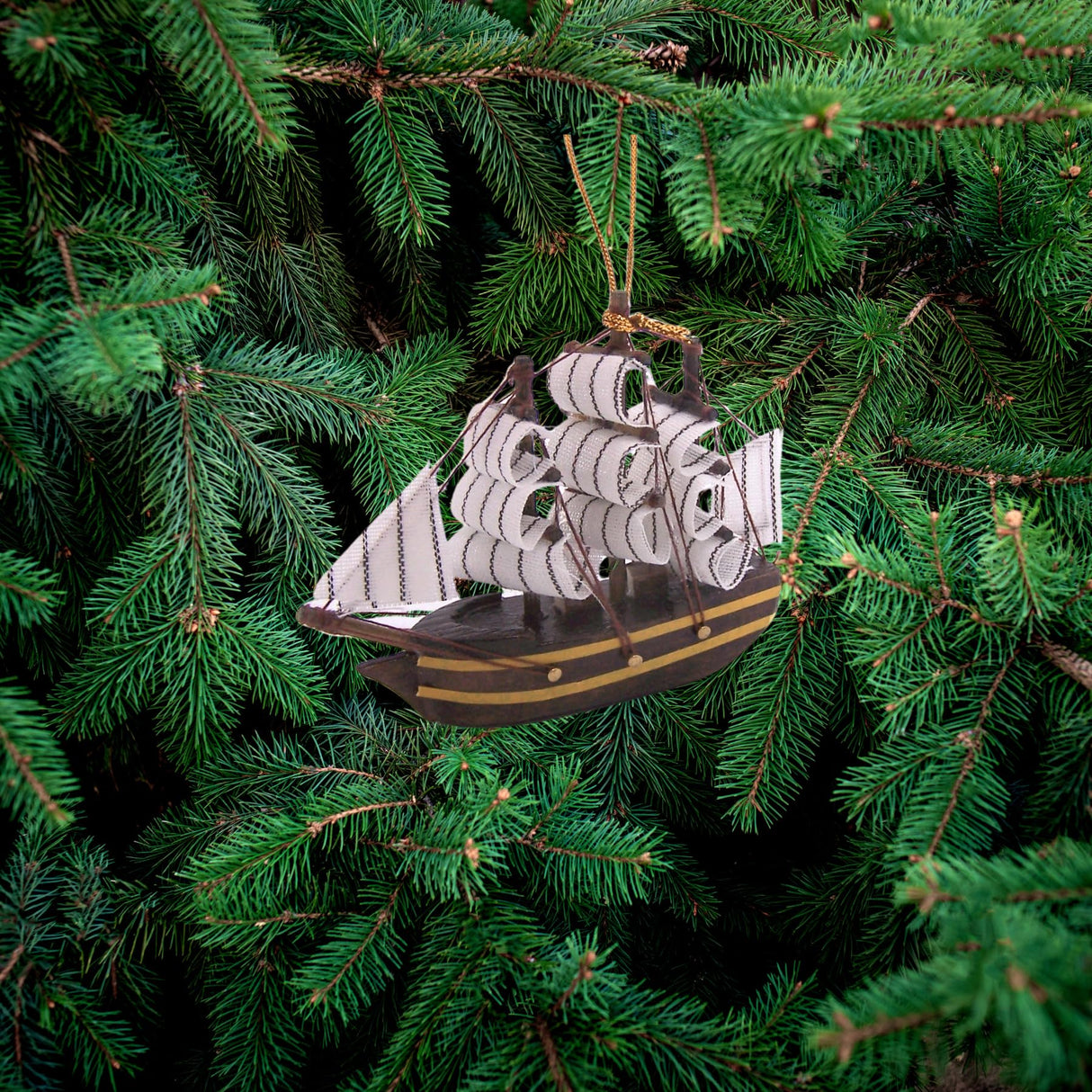Three-Masted Wooden Ship Christmas Ornament, Holiday Décor, Nautical Tree Decoration, 4 Inches Wowser