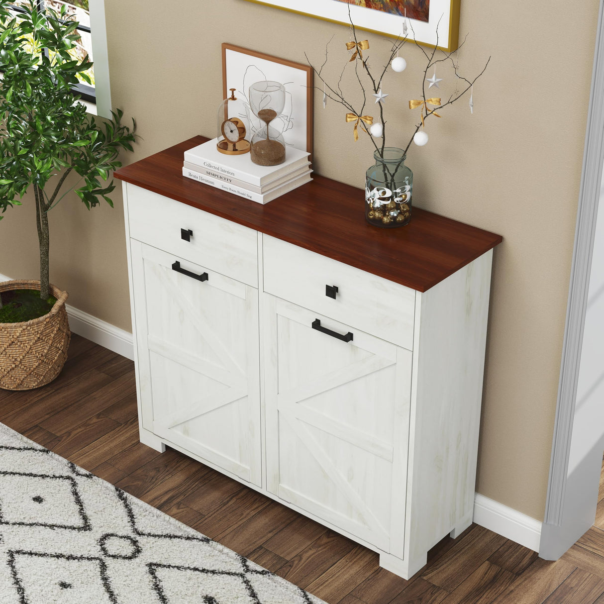 HOLISUN Double Tilt Out Trash Cabinet Kitchen Trash Bin Cabinet, 2x13 Gallons, Farmhouse Recycling Trash Can Cabinet with Hidden Drawers, Pet Proof Garbage Can for Kitchen, Living Room, White HOLISUN