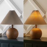 JONATHAN Y JYL1145A Aksel 17.25" Coastal Scandinavian Resin/Iron Sphere LED Table Lamp with Pleated Shade and Pull Chain, Brown Wood Finish/Beige, for Entry Console, Bedroom, Living Room JONATHAN Y