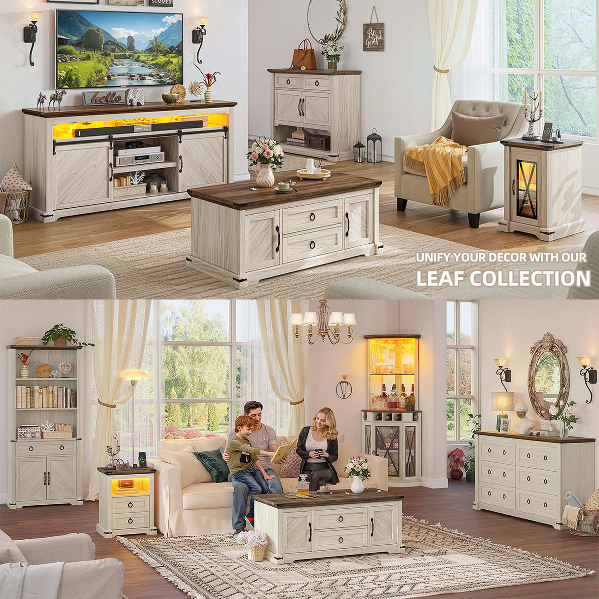 DWVO TV Stand for 75 Inch TV with Power Outlets, LED TV Stands Farmhouse Entertainment Center TV Media Console with Sliding Barn Doors for Living Room, Off White & Walnut Grain, Leaf TV Table DWVO