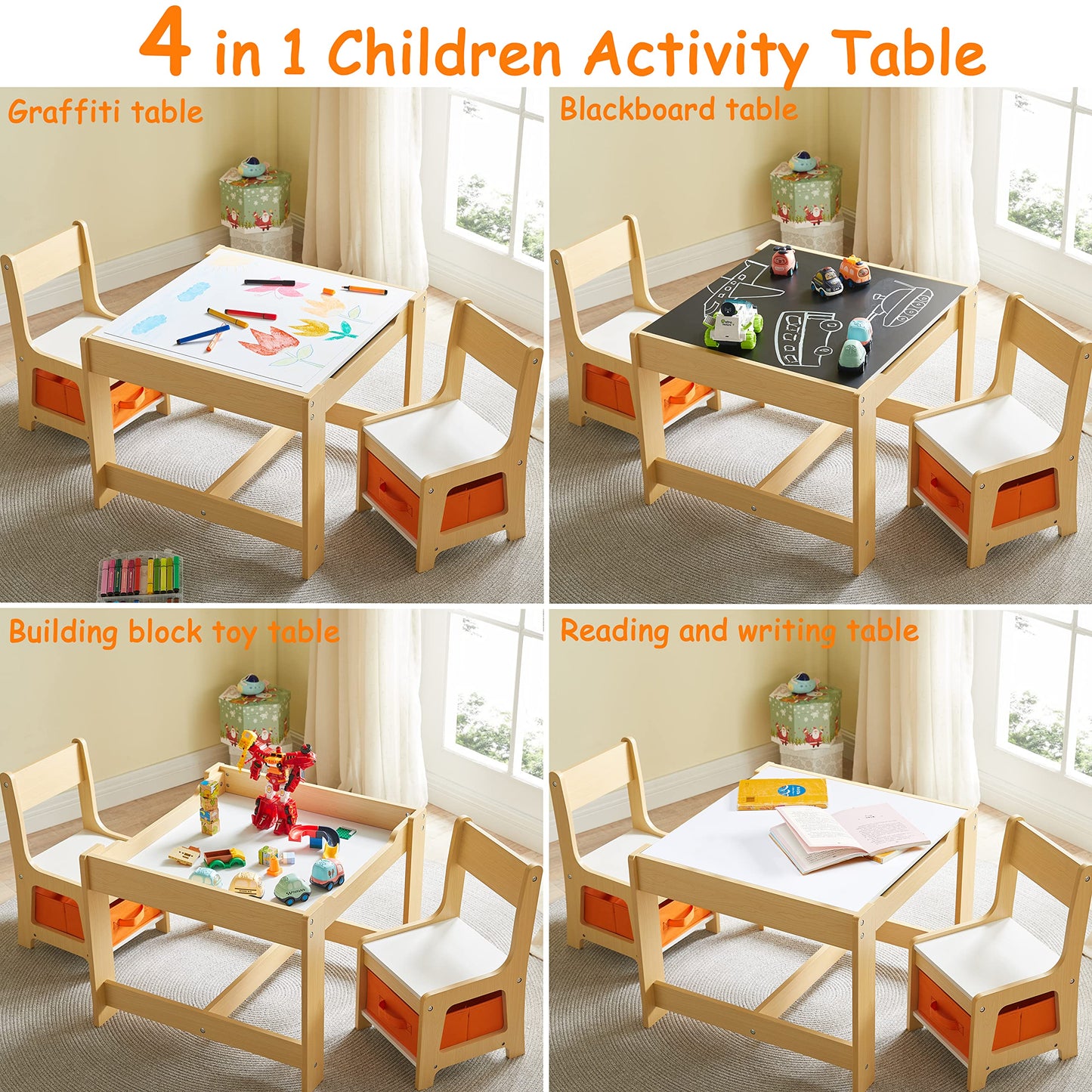 Kids Table and Chair Set, 3 in 1 Wooden Activity Table with Storage Drawer for Toddlers Drawing, Reading, Crafts, Play, 2 in 1 Detachable Tabletop - WoodArtSupply