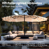 PHI VILLA 15ft Large Patio Umbrella with Base & Solar Lights, Double-Sided Outdoor Rectangle Umbrellas with 36 LED Lights, Umbrella for Outside with Stand, Beige PHI VILLA