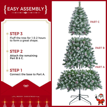 Yaheetech 7.5ft Pre-lit Christmas Tree, Snow Flocked Artificial Christmas Tree with 82 Snow Pinecones & 1346 PVC Branch Tips & 500 Warm White Lights, White & Green